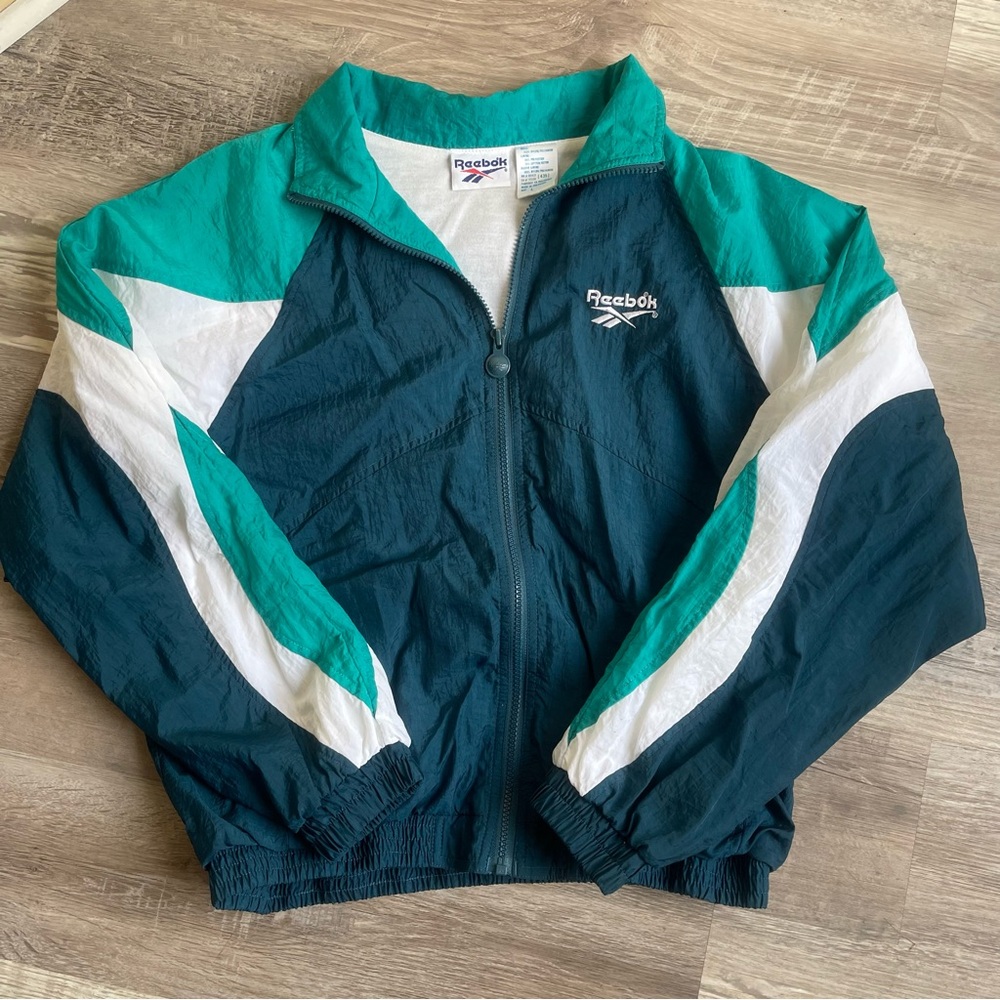 Vintage 1990s Reebok Teal, Navy and White Zip-Up Windbreaker Embroider Logo